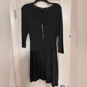 Express Gray Fit and Flare Dress with V-Neck and 3/4 Sleeves